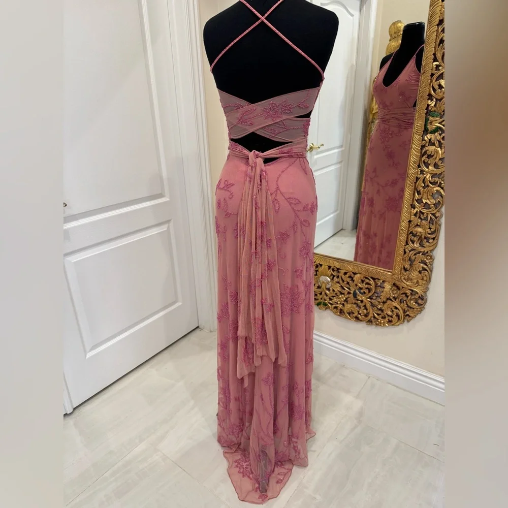 Elegant dusty Pink hand, beaded, designer Evening Gown can be worn‎ two ways